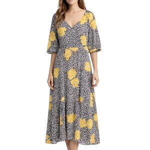 Modcloth Floral Midi Dress Size L Ruffle 1/2 Sleeve V-Neck Half Sleeve